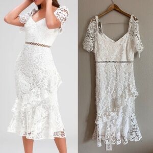 Briarwood White Lace Ruffled Midi Dress